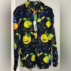 NWT MOHEZ Black Halloween Pumpkin Bat Print long-sleeve button shirt men 2XL
